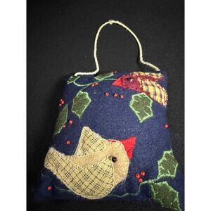 Handmade Wool Felt Bird Ornament Folk Art Plaid Applique Holly Christmas Decor